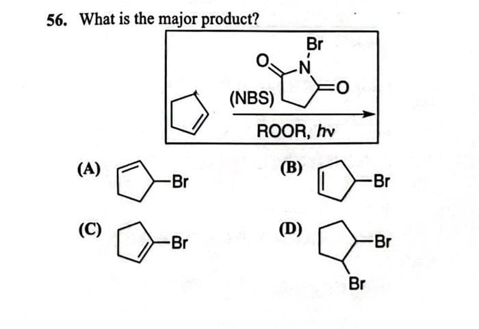 56. What is the major product?
(A)
(C)
-Br
-Br
(NBS)
Br
-N
(D)
=0
ROOR, hv
(B)
Br
-Br
-Br