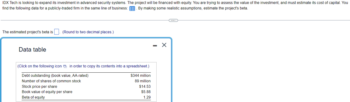 IDX Tech is looking to expand its investment in advanced security systems. The project will be financed with equity. You are trying to assess the value of the investment, and must estimate its cost of capital. You
find the following data for a publicly-traded firm in the same line of business:
By making some realistic assumptions, estimate the project's beta.
The estimated project's beta is
Data table
(Round to two decimal places.)
(Click on the following icon in order to copy its contents into a spreadsheet.)
Debt outstanding (book value, AA-rated)
$344 million
Number of shares of common stock
89 million
$14.53
$5.88
1.29
Stock price per share
Book value of equity per share
Beta of equity
X