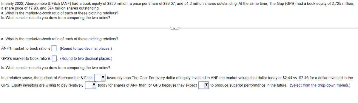 In early 2022, Abercrombie & Fitch (ANF) had a book equity of $820 million, a price per share of $39.07, and 51.2 million shares outstanding. At the same time, The Gap (GPS) had a book equity of 2,725 million,
a share price of 17.93, and 374 million shares outstanding.
a. What is the market-to-book ratio of each of these clothing retailers?
b. What conclusions do you draw from comparing the two ratios?
a. What is the market-to-book ratio of each of these clothing retailers?
ANF's market-to-book ratio is
(Round to two decimal places.)
(Round to two decimal places.)
b. What conclusions do you draw from comparing the two ratios?
In a relative sense, the outlook of Abercrombie & Fitch
GPS. Equity investors are willing to pay relatively
GPS's market-to-book ratio is
favorably than The Gap. For every dollar of equity invested in ANF the market values that dollar today at $2.44 vs. $2.46 for a dollar invested in the
today for shares of ANF than for GPS because they expect to produce superior performance in the future. (Select from the drop-down menus.)