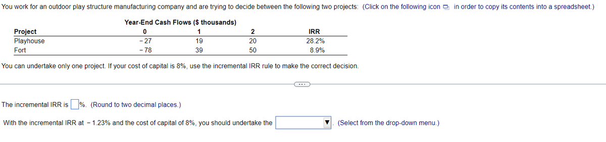 You work for an outdoor play structure manufacturing company and are trying to decide between the following two projects: (Click on the following icon in order to copy its contents into a spreadsheet.)
Year-End Cash Flows ($ thousands)
1
19
39
Project
Playhouse
Fort
You can undertake only one project. If your cost of capital is 8%, use the incremental IRR rule to make the correct decision.
0
- 27
- 78
2
20
50
IRR
28.2%
8.9%
The incremental IRR is %. (Round to two decimal places.)
With the incremental IRR at - 1.23% and the cost of capital of 8%, you should undertake the
▼
(Select from the drop-down menu.)