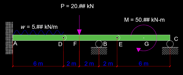 P = 20.## kN
M = 50.# kN-m
W = 5.## kN/m
A
D F
B
E
G
6 m
2 m
2 m
6 m
2 m
