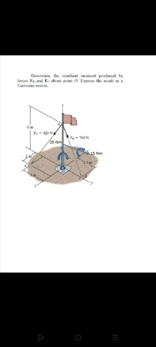 Determine the resultant moment produced by
forces FR and Fc about point 0. Express the result as a
Cartesian vector.
6 m
Fc 420 NA
E- 780N
25 Nm
15 Nm
