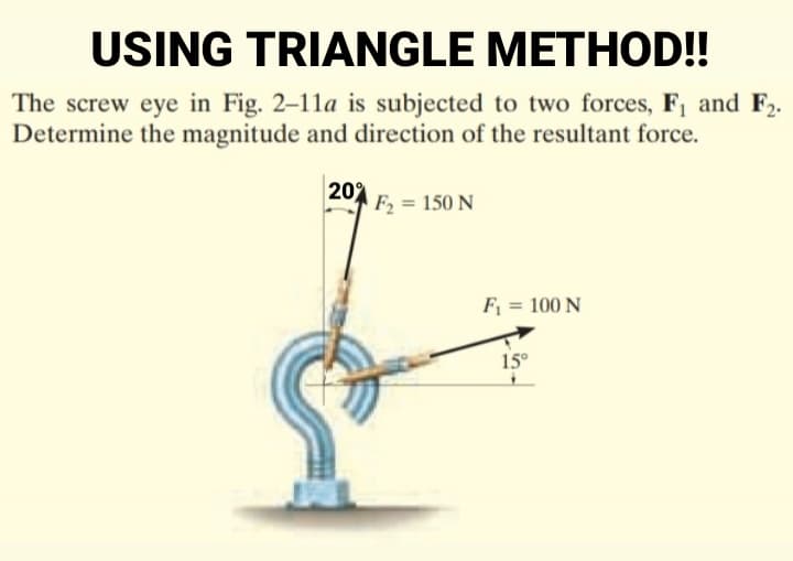 USING TRIANGLE METHOD!!
The screw eye in Fig. 2–11a is subjected to two forces, F, and F2.
Determine the magnitude and direction of the resultant force.
20%
F2 = 150 N
F = 100 N
15°
