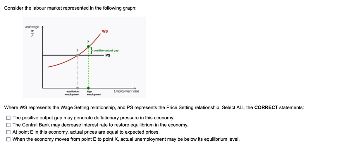 Consider the labour market represented in the following graph:
مجرا
real wage
W
P
equilibrium
employment
WS
positive output gap
PS
high
employment
Employment rate
Where WS represents the Wage Setting relationship, and PS represents the Price Setting relationship. Select ALL the CORRECT statements:
The positive output gap may generate deflationary pressure in this economy.
The Central Bank may decrease interest rate to restore equilibrium in the economy.
At point E in this economy, actual prices are equal to expected prices.
When the economy moves from point E to point X, actual unemployment may be below its equilibrium level.