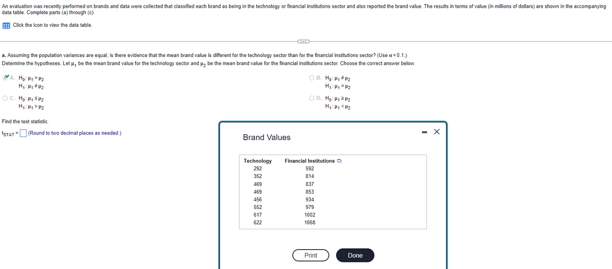 An evaluation was recently performed on brands and data were collected that classified each brand as being in the technology or financial institutions sector and also reported the brand value. The results in terms of value (in millions of dollars) are shown in the accompanying
data table. Complete parts (a) through (c).
Click the icon to view the data table.
a. Assuming the population variances are equal, is there evidence that the mean brand value is different for the technology sector than for the financial institutions sector? (Use α = 0.1.)
Determine the hypotheses. Let μ, be the mean brand value for the technology sector and μ₂ be the mean brand value for the financial institutions sector. Choose the correct answer below.
A. Ho: H₁ = H₂
H₁: H₁ H₂
OC. Ho: H₁ H₂
H₁: H₁ H₂
Find the test statistic.
tSTAT = (Round to two decimal places as needed.)
Brand Values
(…)
469
469
456
552
617
622
O B. Ho: Hi#H2
H₁:1₁=H₂
O D. Ho: ₁2H₂
H₁: H₁ H₂
Technology Financial Institutions
292
352
592
814
837
853
934
979
1002
1068
Print
Done
- X