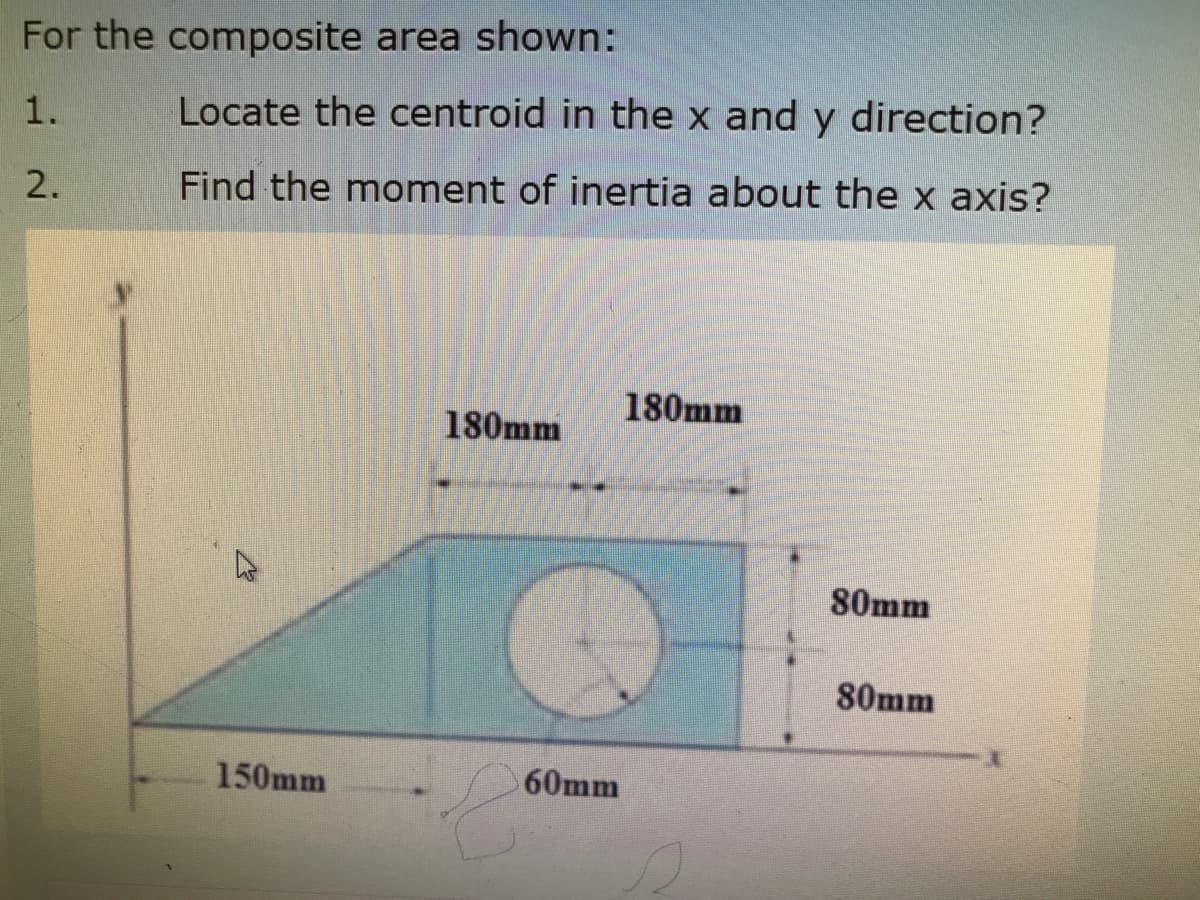 For the composite area shown:
1.
Locate the centroid in the x and y direction?
2.
Find the moment of inertia about the x axis?
180mm
180mm
80mm
80mm
150mm
60mm
