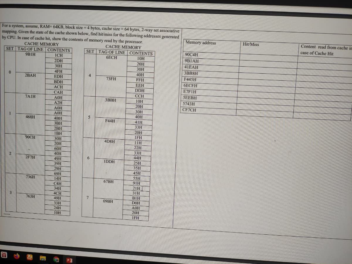 For a system, assume, RAM= 64KB, block size = 4 bytes, cache size = 64 bytes, 2-way set associative
mapping. Given the state of the cache shown below, find hit/miss for the following addresses generated
by CPU, In case of cache hit, show the contents of memory read by the processor.
%3D
Memory address
Hit/Miss
Content read from cache im
CACHE MEMORY
SET TAG OF LINE CONTENTS
CACHE MEMORY
SET TAG OF LINE | CONTENTS
case of Cache Hit
90C4H
9BIH
ICH
6ECH
10H
9B1AH
2DH
30H
4FH
EDH
20H
41EAH
30H
3BB8H
40H
2ВАН
F445H
73FH
FFH
BDH
EEH
6ECFH
ACH
CAH
DDH
E7FIH
7A1H
CCH
SEEBH
AOH
3BBH
10H
A2H
5743H
20H
AOH
CF7CH
30H
АОН
40H
468H
4BH
F44H
41H
3BH
33H
2BH
20H
IBH
90CH
1FH
30H
20H
4D8H
11H
22H
60Н
40H
49H
39H
29H
33H
2F7H
6.
44H
IDDH
25H
35H
45H
69H
736H
14H
C4H
55H
91H
67BH
21H
31н
BIH
DOH
34H
4CH
763H
49H
09BH
33H
AOH
20H
24H
10H
IFH
图
