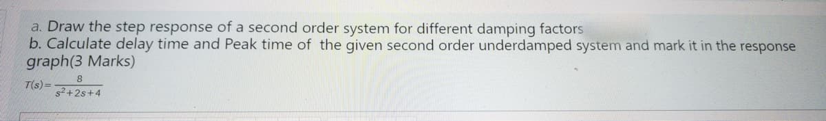 a. Draw the step response of a second order system for different damping factors
b. Calculate delay time and Peak time of the given second order underdamped system and mark it in the response
graph(3 Marks)
T(s)=
s2+2s+4
