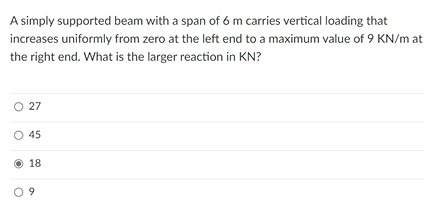 A simply supported beam with a span of 6 m carries vertical loading that
increases uniformly from zero at the left end to a maximum value of 9 KN/m at
the right end. What is the larger reaction in KN?
O 27
O 45
18