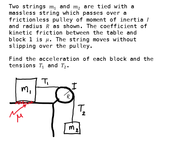 Two strings mị and m2 are tied with a
massless string which passes over a
frictionless pulley of moment of inertia I
and radius R as shown. The coefficient of
kinetic friction between the table and
block 1 is u. The string moves without
slipping over the pulley.
Find the acceleration of each block and the
tensions T, and T2.
