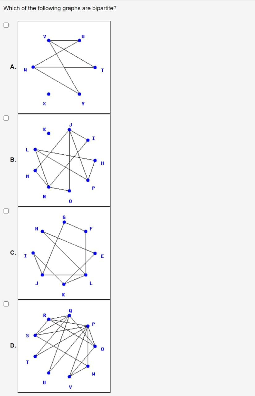 Which of the following graphs are bipartite?
0
0
A.
B.
D.
H
I
V
N
G
0
0
V
U
I
F
T
H
E