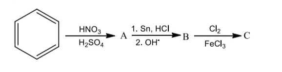 **Benzene Nitration and Transformations**

This reaction scheme illustrates a series of chemical transformations beginning with benzene and proceeding through three stages to form final product C. The scheme represents a typical sequence in organic synthesis.

1. **Nitration of Benzene**:
   - *Reaction Conditions*: Benzene reacts with concentrated nitric acid (HNO₃) in the presence of concentrated sulfuric acid (H₂SO₄).
   - *Result*: This process introduces a nitro group (NO₂) into the benzene ring, forming nitrobenzene (Compound A).

2. **Reduction of Nitrobenzene**:
   - *Step 1*: Nitrobenzene (Compound A) is reduced in the presence of tin (Sn) and hydrochloric acid (HCl). This reduction converts the nitro group to an amino group (NH₂), forming aniline (Compound B).
   - *Step 2*: This compound is further treated with a base (OH⁻).

3. **Chlorination of Aniline**:
   - *Reaction Conditions*: Aniline (Compound B) reacts with chlorine (Cl₂) in the presence of iron(III) chloride (FeCl₃) as a catalyst.
   - *Result*: This step introduces one or more chlorine atoms to the aromatic ring, forming compound C.

**Summary**:
- Starting Material: Benzene
- Intermediate Products:
  - Compound A: Nitrobenzene (through nitration)
  - Compound B: Aniline (through reduction)
- Final Product: Chlorinated aniline (through chlorination)

**Diagram Explanation**:
- The diagram features a series of arrows indicating the direction of the chemical reaction.
- Chemical reagents and conditions are clearly stated above or below the arrows.
- Each new product formed at each step is labeled as compound A, B, and C, respectively.