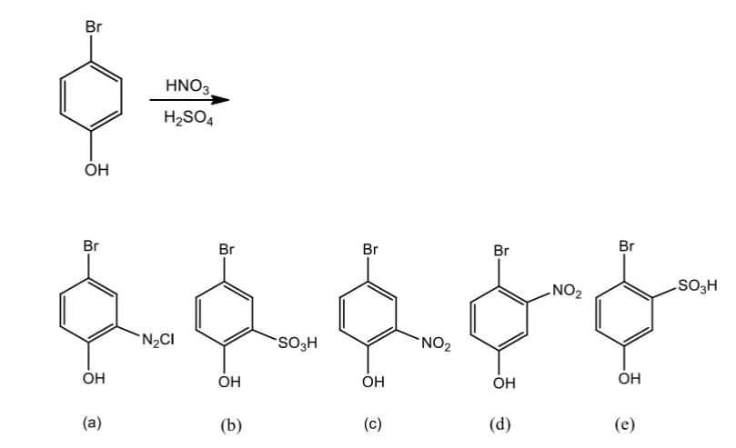 Br
HNO3
H2SO4
ОН
Br
Br
Br
Br
Br
NO2
.SO3H
`N2CI
SO3H
'NO2
ÓH
OH
ÓH
OH
ÓH
(а)
(b)
(с)
(d)
(е)
