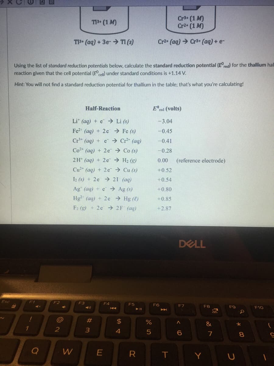 Cr3+ (1 M)
Cr2+ (1 M)
T13+ (1 M)
T13+ (aq) + 3e-→ TI (s)
Cr2+ (aq) Cr3+ (aq) + e-
Using the list of standard reduction potentials below, calculate the standard reduction potential (E°red) for the thallium hal
reaction given that the cell potential (E°cel) under standard conditions is +1.14 V.
Hint: You will not fınd a standard reduction potential for thallium in the table; that's what you're calculating!
Half-Reaction
E°red (volts)
Li* (aq) + e → Li (s)
- 3.04
Fe? (aq) + 2e → Fe (s)
Cr (aq) +
-0.45
e → Cr* (aq)
-0.41
Co2* (aq) + 2e → Co (s)
-0.28
2H (aq) + 2e → H2 (g)
0.00
(reference electrode)
Cu+ (aq) + 2 e → Cu (s)
+0.52
L (s) + 2e → 21 (aq)
+0.54
Ag (aq) + e → Ag (s)
Hg (aq) + 2e Hg (e)
+0.80
+0.85
F2 (g) + 2e → 2F (aq)
+2.87
DELL
Esc
F1
F2
F3
F4
F5
F6
F7
F8
F9
F10
%23
2$
&
3
4
6
7
T.
Y
