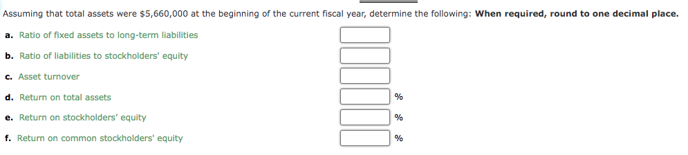 Assuming that total assets were $5,660,000 at the beginning of the current fiscal year, determine the following: When required, round to one decimal place.
a. Ratio of fixed assets to long-term liabilities
b. Ratio of liabilities to stockholders' equity
c. Asset turnover
d. Return on total assets
%
e. Return on stockholders' equity
%
f. Return on common stockholders' equity
%