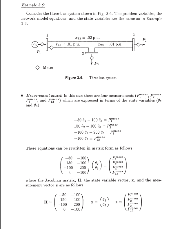 Example 3.6:
Consider the three-bus system shown in Fig. 3.6. The problem variables, the
network model equations, and the state variables are the same as in Example
3.3.
2
212 = .02 p.u.
P2
*13 = .01 p.u.
I23 = .01 p.u.
P1
3
Meter
Figure 3.6.
Three-bus system.
Measurement model: In this case there are four measurements (Pmeas, Pmeas,
Pgmeas, and Peas) which are expressed in terms of the state variables (62
and 03):
-50 62 – 100 03
Pineas
150 02 – 100 63 =
omeas
-100 02 + 200 03 = Pmeas
-100 03 = Pmeas
These equations can be rewritten in matrix form as follows
-50 -100
Pmeas
Pmeas
Pmeas
150 -100
-100
200
0 -100.
pmeas
13
where the Jacobian matrix, H, the state variable vector, x, and the mea-
surement vector z are as follows
-50 -100
150 -100
-- -)
Pmeas
(2)
Pmeas
Pmeas
H =
X =
03
z =
-100
200
-100
Pmeas
13
