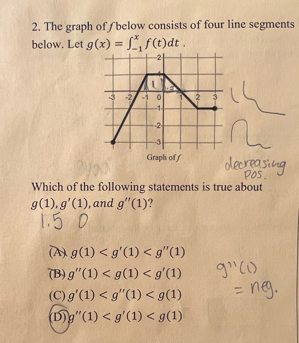 2. The graph of fbelow consists of four line segments
below. Let g(x) = f f(t)dt.
-3 -2, -1 0
OT
-1-
-2-
n
decreasing
ayoo
Which of the following statements is true about
g(1), g'(1), and g"(1)?
1.5 0
-3.
Graph off
2
(A) g(1) < g'(1) < g"(1)
(B) g"(1) < g(1) < g'(1)
(C) g'(1) < g'(1) < g(1)
(D)g"(1) < g'(1) < g(1)
3
9" (1)
= neg.