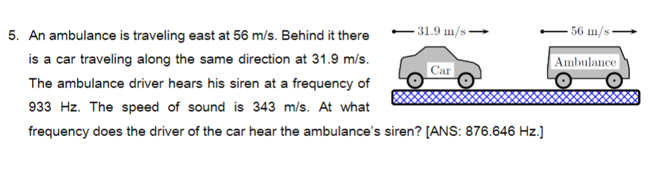 31.9 m/s-
5. An ambulance is traveling east at 56 m/s. Behind it there
is a car traveling along the same direction at 31.9 m/s.
The ambulance driver hears his siren at a frequency of
933 Hz. The speed of sound is 343 m/s. At what
frequency does the driver of the car hear the ambulance's siren? [ANS: 876.646 Hz.]
Car
56 m/s
Ambulance