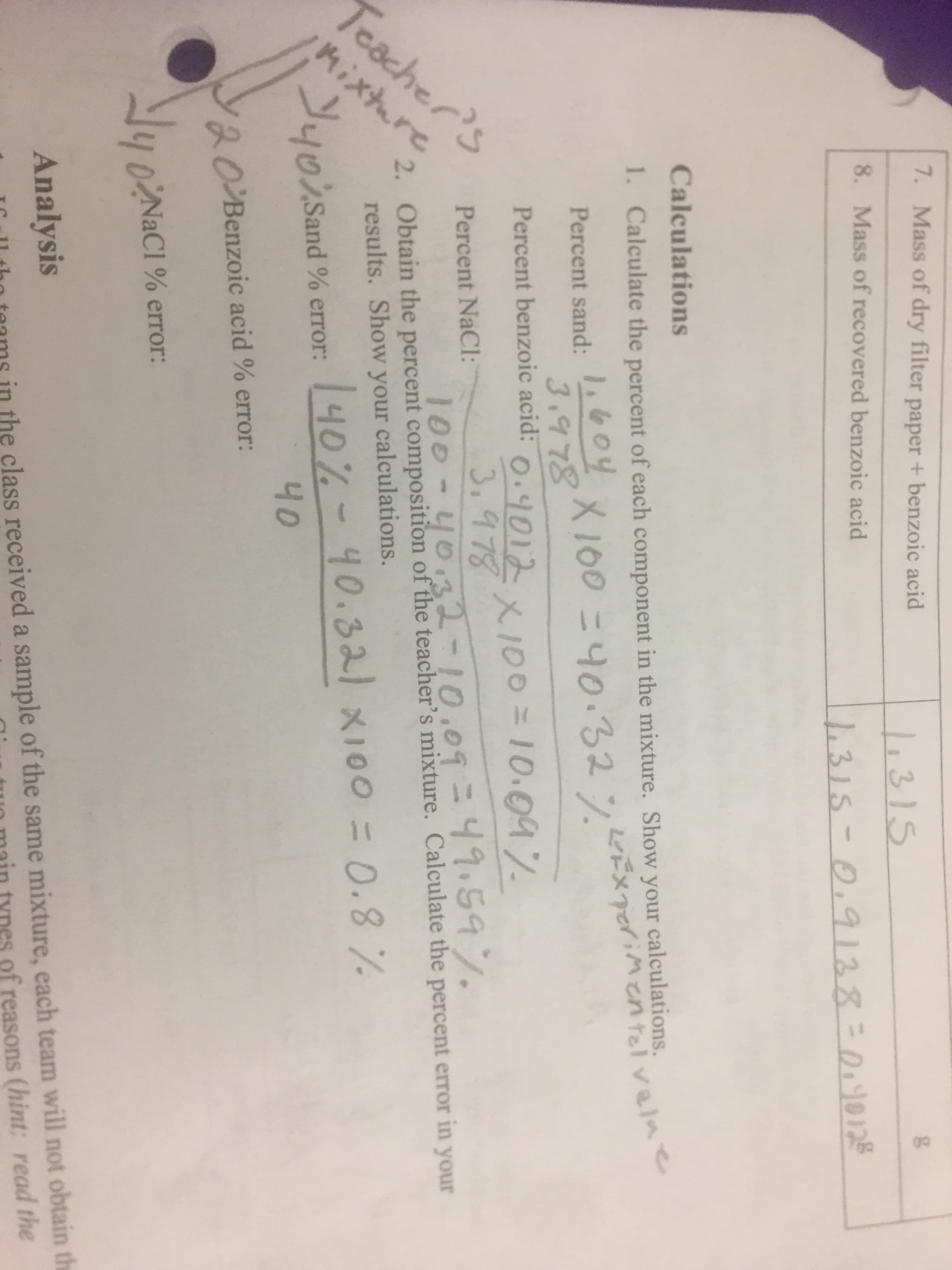 Teacher's
Aixtre
09
7.
Mass of dry filter paper + benzoic acid
1315
8.
Mass of recovered benzoic acid
315
2.9128-1D0128
Calculations
Percent sand:.&oy 1o0 40.32 inen tel valne
Percent benzoic acid: O.101 X100=10.O47
1.
Calculate the percent of each component in the mixture. Show your calculations.
3.978
3.978
Percent NaCl:
100
2. Obtain the percent composition of the teacher's mixture. Calculate the percent error in your
results. Show your calculations.
JyoisSand % error:
40%-40.3al x100= 0.8 7
니0
a0Benzoic acid % error:
NaCl % error:
Analysis
in the class received a sample of the same mixture, each team will not obtain th
of reasons (hint: read the
