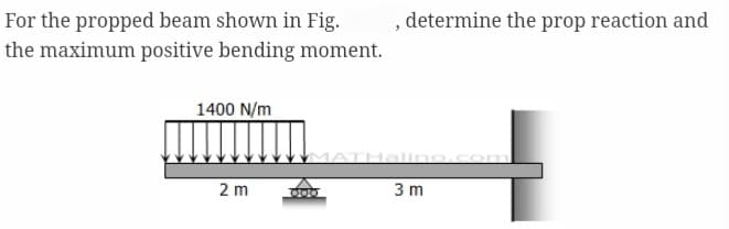 For the propped beam shown in Fig.
the maximum positive bending moment.
1400 N/m
2 m
000
determine the prop reaction and
3 m