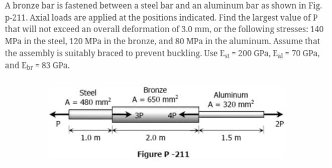 A bronze bar is fastened between a steel bar and an aluminum bar as shown in Fig.
p-211. Axial loads are applied at the positions indicated. Find the largest value of P
that will not exceed an overall deformation of 3.0 mm, or the following stresses: 140
MPa in the steel, 120 MPa in the bronze, and 80 MPa in the aluminum. Assume that
the assembly is suitably braced to prevent buckling. Use Est = 200 GPa, Eal = 70 GPa,
and Ebr = 83 GPa.
Steel
A = 480 mm²
1.0 m
Bronze
A = 650 mm²
3P
4P
2.0 m
Figure P-211
Aluminum
A = 320 mm²
1.5 m
2P