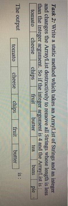 Task 2: Write a static method which takes an ArrayList of Strings and an integer
and changes the ArrayList destructively to remove all Strings whose length is less
than the integer argument. So if the integer argument is 4 and the ArrayList is:
tomato
cheese
chips
fruit
butter
tea
buns pie
The output
tomato cheese
chips
fruit
butter
is: