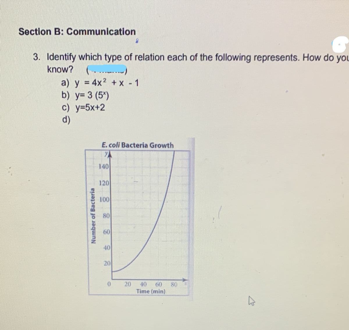 Section B: Communication
3. Identify which type of relation each of the following represents. How do you
know?
....)
a) у %3D 4x2 + х- 1
b) y= 3 (5*)
с) у-5x+2
d)
E. coli Bacteria Growth
YA
140
120
100
80
60
40
20
20
40
60
Time (min)
80
Number of Bacteria
