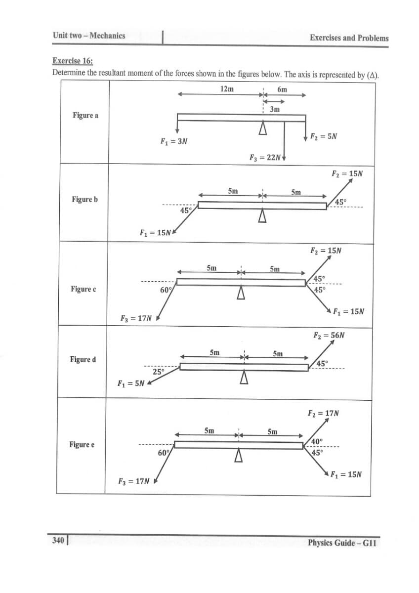 Unit two - Mechanics
Exercises and Problems
Exercise 16:
Determine the resultant moment of the forces shown in the figures below. The axis is represented by (A).
12m
6m
->
3m
Figure a
F2 = 5N
F1 = 3N
F3 = 22N
F2 = 15N
5m
5m
Figure b
45°
45°%
F1 = 15N
F2 = 15N
5m
5m
45°
Figure c
60%
45°
F = 15N
F3 = 17N
F2 = 56N
5m
5m
Figure d
45°
25°
F, = 5N *
F2 = 17N
5m
5m
40°
Figure e
60%
45°
AF = 15N
F3 = 17N
340
Physics Guide- G11
