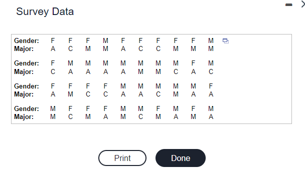 Survey Data
Gender: F F
Major: A C
Gender:
Major:
Gender:
Major:
FLO
M
с A
FA
F
A M
FM
M
A
M
M
Gender: M F F
Major: MC M
MA
А
FC
FC
с
FA
FA
FLO
M M
A M
MA
А
C
Print
MA
А
FLO
C
33
M
C
FM
03
M
C
33
M M F M
MCMA
0
MM MU
FA
FM
Done
MA
FA
с
А
F M
MA