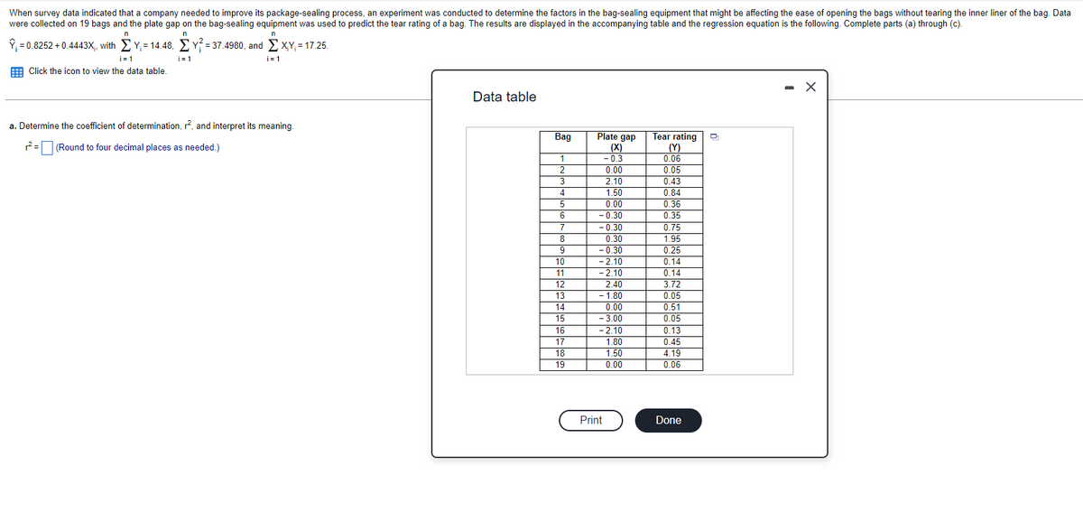 When survey data indicated that a company needed to improve its package-sealing process, an experiment was conducted to determine the factors in the bag-sealing equipment that might be affecting the ease of opening the bags without tearing the inner liner of the bag. Data
were collected on 19 bags and the plate gap on the bag-sealing equipment was used to predict the tear rating of a bag. The results are displayed in the accompanying table and the regression equation is the following. Complete parts (a) through (c).
n
n
n
~ = 0.8252 + 0.4443X, with Σ Υ = 14.48, Σ Υ = 37.4980, and Σ XY = 17.25.
i=1
i=1
i=1
Click the icon to view the data table.
a. Determine the coefficient of determination, r², and interpret its meaning.
r² = (Round to four decimal places as needed.)
Data table
Bag
1
2
3
4
5
6
7
8
9
10
11
12
13
14
15
16
17
18
19
Plate gap
-0.3
0.00
2.10
1.50
0.00
- 0.30
-0.30
0.30
- 0.30
-2.10
-2.10
2.40
- 1.80
0.00
- 3.00
-2.10
1.80
1.50
0.00
Print
Tear rating
(Y)
0.06
0.05
0.43
0.84
0.36
0.35
0.75
1.95
0.25
0.14
0.14
3.72
0.05
0.51
0.05
0.13
0.45
4.19
0.06
Done
X