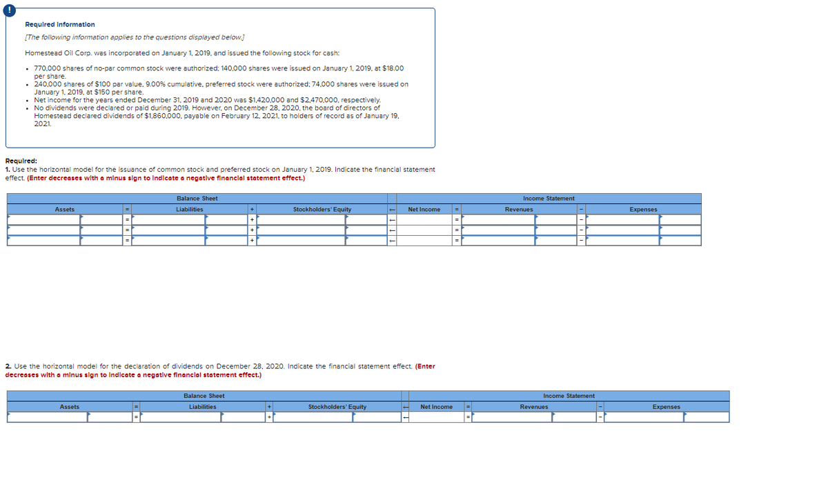 Required Information
[The following information applies to the questions displayed below.]
Homestead Oil Corp. was incorporated on January 1, 2019, and issued the following stock for cash:
• 770,000 shares of no-par common stock were authorized: 140,000 shares were issued on January 1, 2019, at $18.00
per share.
.240,000 shares of $100 par value, 9.00% cumulative, preferred stock were authorized; 74,000 shares were issued on
January 1, 2019, at $150 per share.
• Net income for the years ended December 31, 2019 and 2020 was $1,420,000 and $2,470,000, respectively.
• No dividends were declared or paid during 2019. However, on December 28, 2020, the board of directors of
Homestead declared dividends of $1,860,000. payable on February 12, 2021, to holders of record as of January 19,
2021.
Required:
1. Use the horizontal model for the issuance of common stock and preferred stock on January 1, 2019. Indicate the financial statement
effect. (Enter decreases with a minus sign to Indicate a negative financial statement effect.)
Assets
Balance Sheet
Liabilities
Assets
Balance Sheet
+
Liabilities
+
Stockholders' Equity
2. Use the horizontal model for the declaration of dividends on December 28, 2020. Indicate the financial statement effect. (Enter
decreases with a minus sign to Indicate a negative financial statement effect.)
+
Stockholders' Equity
+
Net Income
→
||=
Net Income
=
=
Income Statement
Revenues
|-|
Income Statement
Revenues
Expenses
Expenses