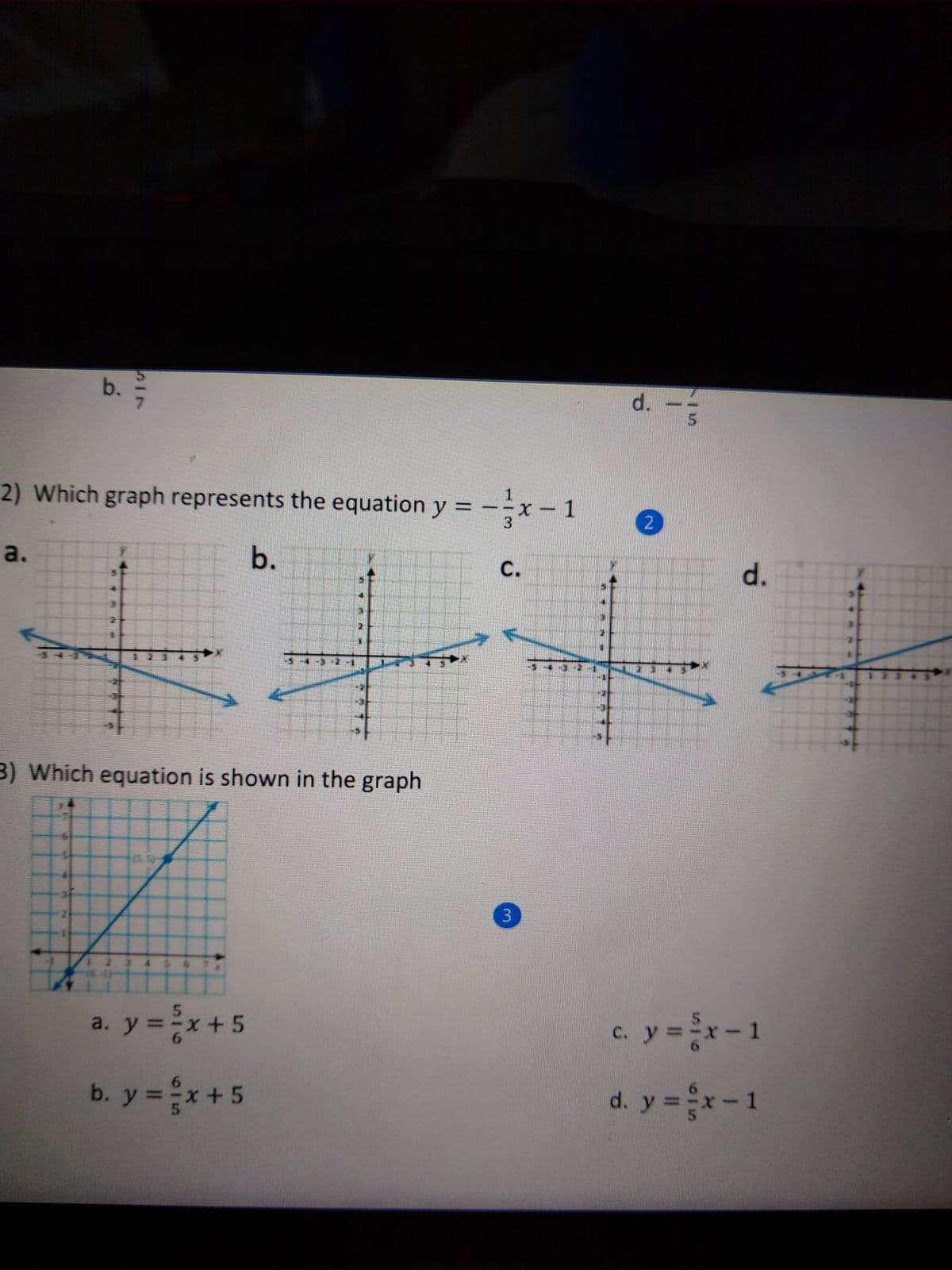 b.
d.
2) Which graph represents the equation y = –
1
x- 1
2)
a.
b.
С.
d.
3) Which equation is shown in the graph
a. y =x+5
c. y =x- 1
b. y = x+5
d. y =x-1
3.
