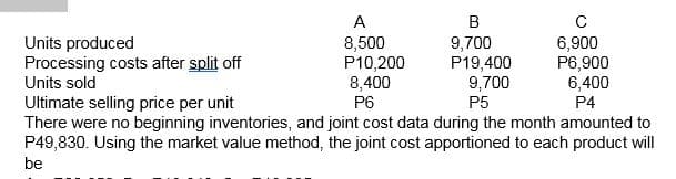 A
Units produced
Processing costs after split off
Units sold
8,500
P10,200
8,400
P6
9,700
P19,400
9,700
P5
6,900
P6,900
6,400
P4
Ultimate selling price per unit
There were no beginning inventories, and joint cost data during the month amounted to
P49,830. Using the market value method, the joint cost apportioned to each product will
be
