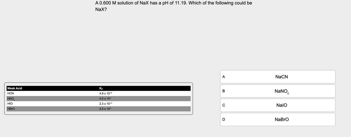 Weak Acid
HCN
HNO,
HIO
2
HBrO
A 0.600 M solution of NaX has a pH of 11.19. Which of the following could be
NaX?
A
NaCN
Ka
4.9 x 10-10
4.5 x 10-4
2.3 x 10-11
2.5 x 10-9
B
0
NaNO2
Nalo
D
NaBro