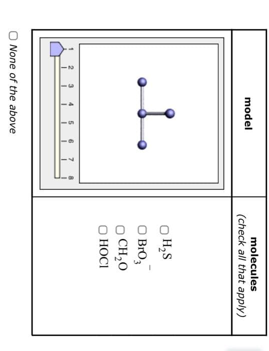 2
3
model
i.
4
5
6
I I 1
N
O None of the above
B
molecules
(check all that apply)
O H₂S
O BrO3
O CH,O
O HOCI
-