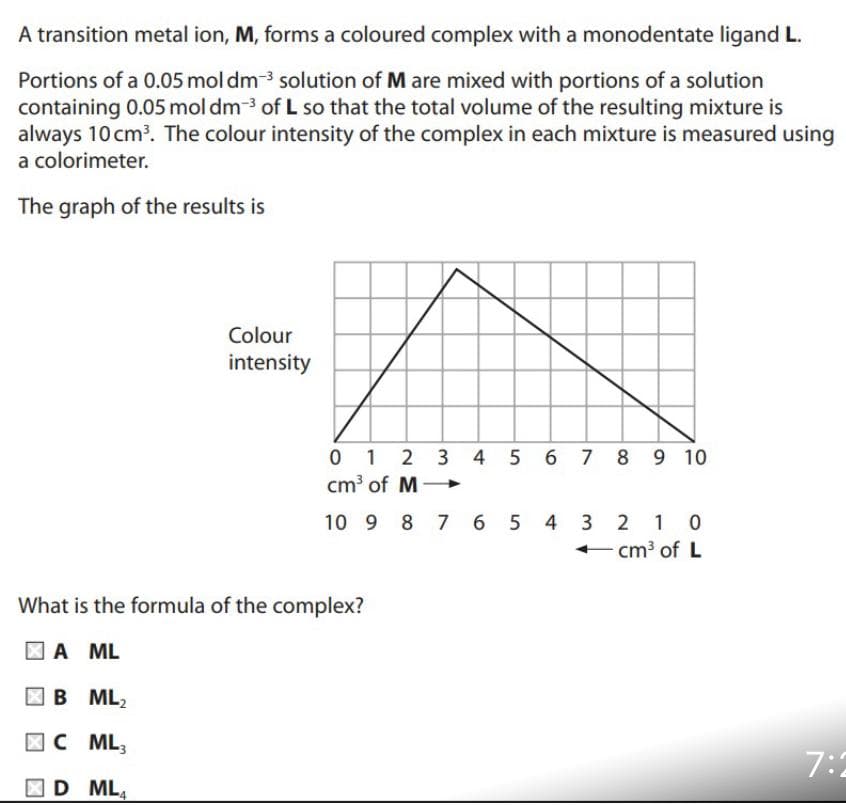 A transition metal ion, M, forms a coloured complex with a monodentate ligand L.
Portions of a 0.05 mol dm-³ solution of M are mixed with portions of a solution
containing 0.05 mol dm-³ of L so that the total volume of the resulting mixture is
always 10 cm³. The colour intensity of the complex in each mixture is measured using
a colorimeter.
The graph of the results is
0 1 2
3
3 4 5 6 7 8 9 10
cm³ of M
10 9 8 7 6 5 4 3 2 1 0
- cm³ of L
What is the formula of the complex?
A ML
B ML₂
C ML₂
с
D
D
ML4
Colour
intensity
7:2