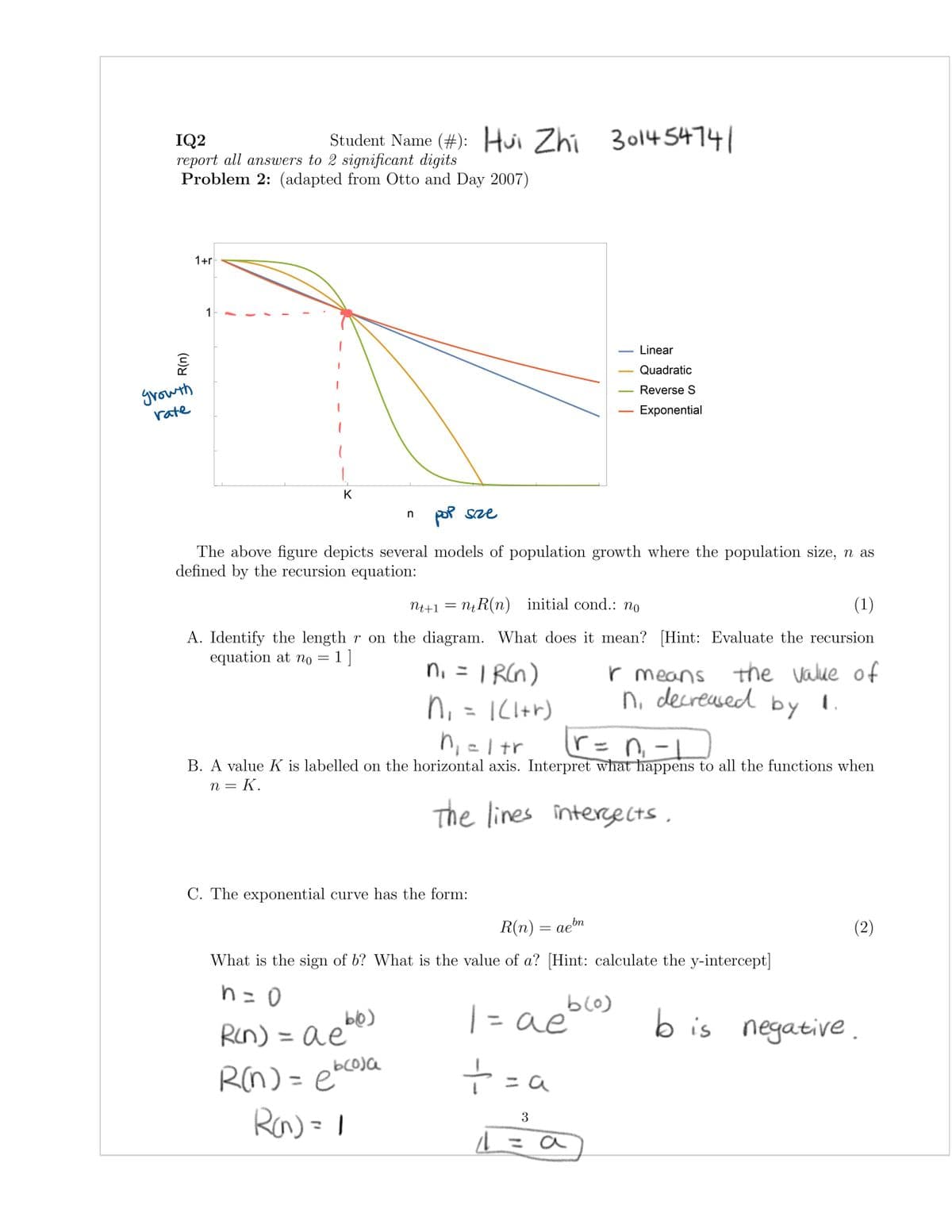 Student Name (#): Hui Zhi 3014
IQ2
report all answers to 2 significant digits
Problem 2: (adapted from Otto and Day 2007)
1+r
1
Linear
Quadratic
Reverse S
growth
Exponential
rate
K
por sze
The above figure depicts several models of population growth where the population size, n as
defined by the recursion equation:
Nt+1
ntR(n) initial cond.: no
(1)
A. Identify the length r on the diagram. What does it mean? [Hint: Evaluate the recursion
equation at no = 1 ]
n, = | RCn)
the value of
%3D
r
r means
n. decreused by
(+171 ='U
h,altr
B. A value K is labelled on the horizontal axis. Interpret what happens to all the functions when
n = K.
The lines intergects,
C. The exponential curve has the form:
R(n) = aebn
(2)
What is the sign of b? What is the value of a? [Hint: calculate the y-intercept]
h=0
blo)
Ren) = ae
bc0)
|= ae
b is negative.
%3D
Rn) = pbcosa
Rin) =e
+ =a
%3D
= a
| |
3
(u))
