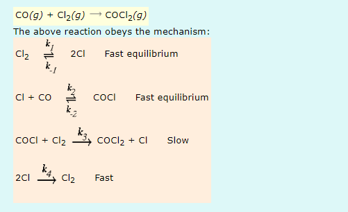 CO(g) + Cl₂(g) → CoCl₂(g)
The above reaction obeys the mechanism:
Cl₂ =
2CI Fast equilibrium
CI + CO
COCI Fast equilibrium
COCI + Cl₂
COCl₂ + Cl
Slow
2CI
Fast
K4, Cl₂