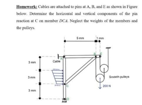 Homework: Cables are attached to pins at A., B, and E as shown in Figure
below. Determine the horizontal and vertical components of the pin
reaction at C on member DCA. Neglect the weights of the members and
the pulleys.
5 mm
mm
Cable
3 mm
3 mm
Smooth pulleys
200 N
3 mm
