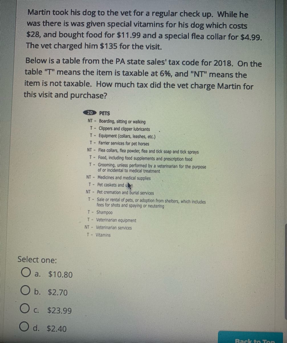 Martin took his dog to the vet for a regular check up. While he
was there is was given special vitamins for his dog which costs
$28, and bought food for $11.99 and a special flea collar for $4.99.
The vet charged him $135 for the visit.
Below is a table from the PA state sales' tax code for 2018. On the
table "T" means the item is taxable at 6%, and "NT" means the
item is not taxable. How mnuch tax did the vet charge Martin for
this visit and purchase?
20
PETS
NT Boarding, sitting or walking
T- Clippers and clipper lubricants
T- Equipment (collars, leashes, etc.)
T- Farrier services for pet horses
NT Flea collars, flea powder, flea and tick soap and tick sprays
T- Food, including food supplements and prescription food
T- Grooming, unless performed by a veterinarian for the purpose
of or incidental to medical treatment
NT - Medicines and medical supplies
T- Pet caskets and u
NT Pet cremation and burial services
T- Sale or rental of pets, or adoption from shelters, which indudes
fees for shots and spaying or neutering
T- Shampoo
T- Veterinarian equipment
NT Veterinarian services
T- Vitamins
Select one:
O a.
$10.80
O b. $2.70
C. $23.99
O d. $2.40
Back to Ton
