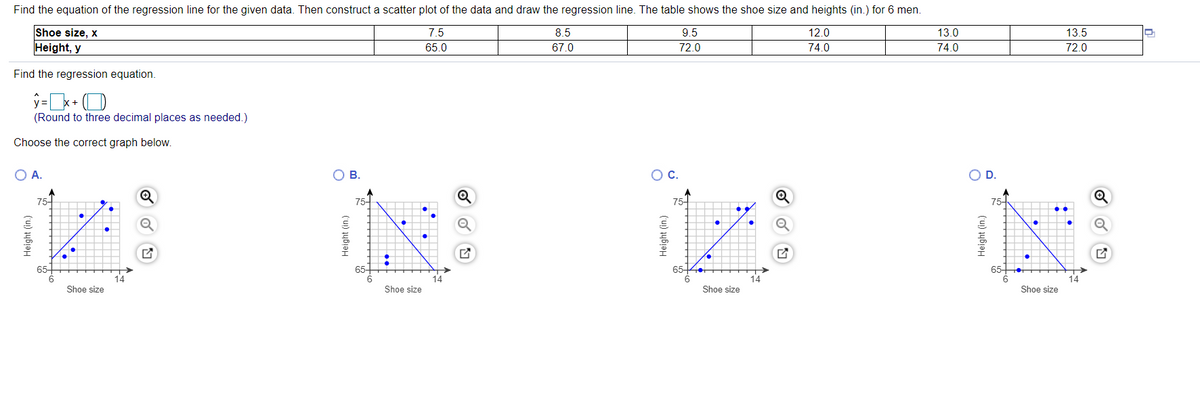 Find the equation of the regression line for the given data. Then construct a scatter plot of the data and draw the regression line. The table shows the shoe size and heights (in.) for 6 men.
Shoe size, x
Height, y
7.5
8.5
9.5
12.0
13.0
13.5
65.0
67.0
72.0
74.0
74.0
72.0
Find the regression equation.
シー+D
(Round to three decimal places as needed.)
Choose the correct graph below.
OA.
В.
C.
OD.
75-
75-
65-
65-
65-4
65 He
14
14
14
Shoe size
Shoe size
Shoe size
Shoe size
Height (in.)
O 回
Height (in.)
Height (in.)
O 包
Height (in.)
