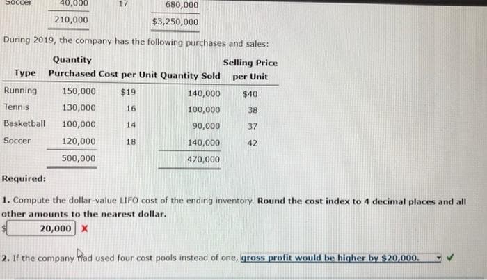 Inventory Pools
Stone Shoe Company adopted dollar-value LIFO on January 1, 2019. The company produces four products and uses a
single inventory pool. The company's beginning inventory consists of the following:
Type Quantity Cost per Unit Total Cost
Running
Tennis
80,000
30,000
Basketball 60,000
Soccer
40,000
210,000
150,000
130,000
Basketball 100,000
Soccer
120,000
500,000
$16 $1,280,000
15
14
17
During 2019, the company has the following purchases and sales:
Quantity
Selling Price
Type Purchased Cost per Unit Quantity Sold
per Unit
Running
$19
Tennis
16
14
18
Required:
450,000
840,000
680,000
$3,250,000
140,000
100,000
90,000
140,000
470,000
$40
38
37
42
1. Compute the dollar-value LIFO cost of the ending inventory. Round the cost index to 4 decimal places and all