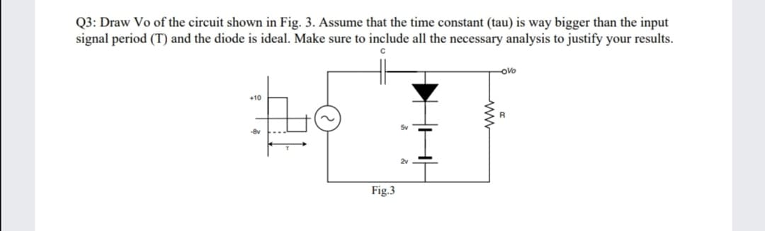 Q3: Draw Vo of the circuit shown in Fig. 3. Assume that the time constant (tau) is way bigger than the input
signal period (T) and the diode is ideal. Make sure to include all the necessary analysis to justify your results.
oVo
+10
5v
-8v
2v
Fig.3
