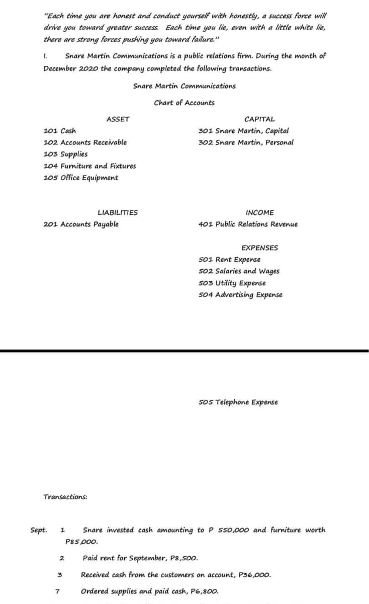 "Each time you are honest and conduct yourself with honestly, a success force will
drive you toward greater success. Each time you lie, even with a little white lie,
there are strong forces pushing you toward failure."
1. Snare Martin Communications is a public relations firm. During the month of
December 2020 the company completed the following transactions.
101 Cash
102 Accounts Receivable
103 Supplies
104 Furniture and Fixtures
105 Office Equipment
Transactions:
201 Accounts Payable
Sept.
2
ASSET
3
7
Snare Martin Communications
LIABILITIES
P85,000.
Chart of Accounts
CAPITAL
301 Snare Martin, Capital
302 Snare Martin, Personal
INCOME
401 Public Relations Revenue
EXPENSES
1 Snare invested cash amounting to P 550,000 and furniture worth
501 Rent Expense
502 Salaries and Wages
503 Utility Expense
504 Advertising Expense
Sos Telephone Expense
Paid rent for September, P8,500.
Received cash from the customers on account, P36,000.
Ordered supplies and paid cash, P6,800.