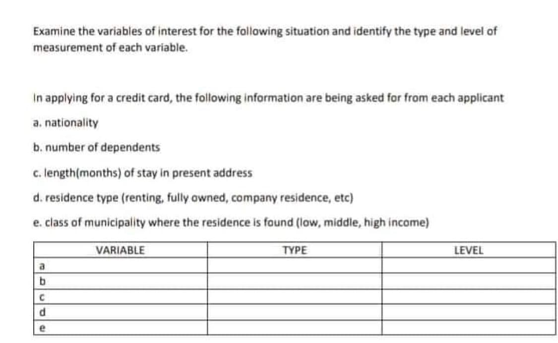 Examine the variables of interest for the following situation and identify the type and level of
measurement of each variable.
In applying for a credit card, the following information are being asked for from each applicant
a. nationality
b. number of dependents
c. length(months) of stay in present address
d. residence type (renting, fully owned, company residence, etc)
e. class of municipality where the residence is found (low, middle, high income)
3
b
C
d
e
VARIABLE
TYPE
LEVEL