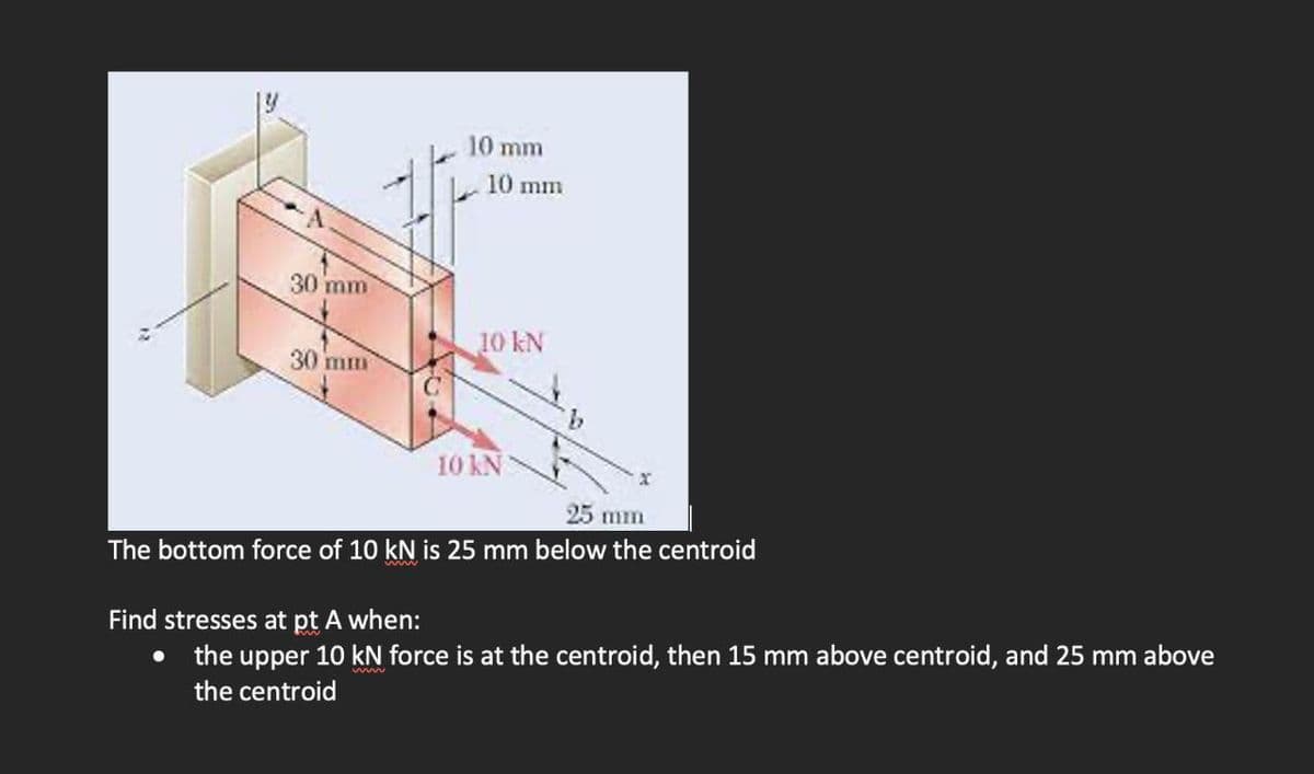 19
10 mm
10 mm
30 mm
10 kN
30 mm
10 KN
25 mm
The bottom force of 10 kN is 25 mm below the centroid
Find stresses at pt A when:
the upper 10 kN force is at the centroid, then 15 mm above centroid, and 25 mm above
the centroid
