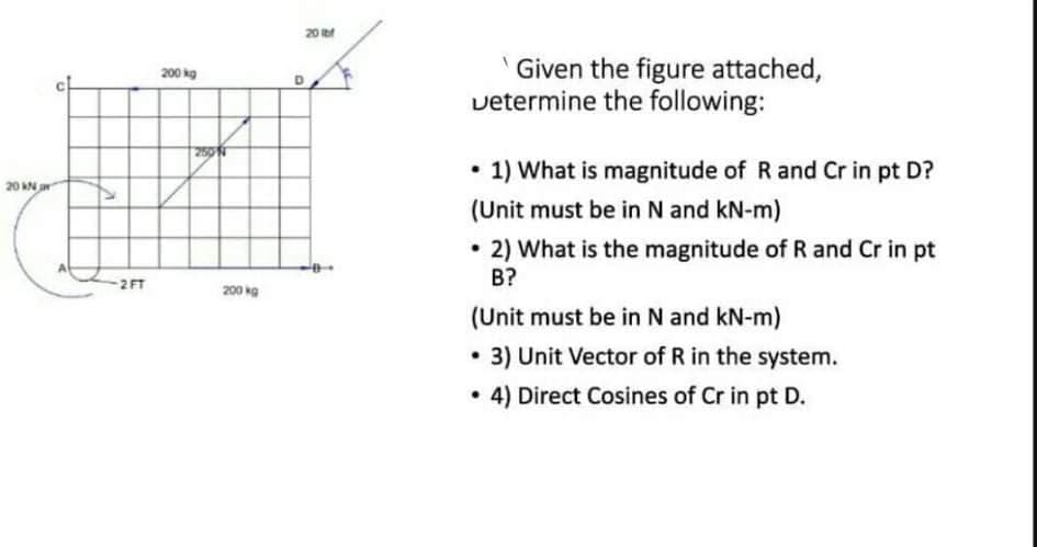 20 b
'Given the figure attached,
vetermine the following:
200 kg
1) What is magnitude of R and Cr in pt D?
20 kN
(Unit must be in N and kN-m)
• 2) What is the magnitude of R and Cr in pt
B?
-2 FT
200 kg
(Unit must be in N and kN-m)
3) Unit Vector of R in the system.
4) Direct Cosines of Cr in pt D.
