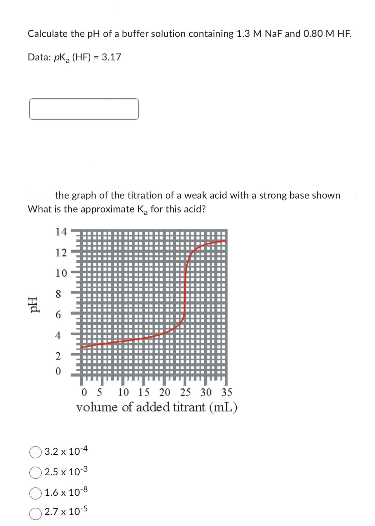 Calculate the pH of a buffer solution containing 1.3 M NaF and 0.80 M HF.
Data: pK₂ (HF) = 3.17
the graph of the titration of a weak acid with a strong base shown
What is the approximate K₂ for this acid?
14
12
10
8
6
4
Hd
2
0
0 5 10 15 20 25 30 35
volume of added titrant (mL)
3.2 x 10-4
2.5 x 10-3
1.6 x 10-8
2.7 x 10-5