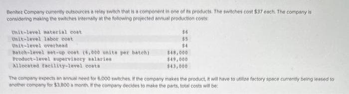 Benitez Company currently outsources a relay switch that is a component in one of its products. The switches cost $37 each. The company is
considering making the switches internally at the following projected annual production costs:
Unit-level material cost
Unit-level labor cost
Unit-level overhead
Batch-level set-up cost (6,000 units per batch)
Product-level supervisory salaries
Allocated facility-level costs
$6
$5
$4
$48,000
$49,000
$43,000
The company expects an annual need for 6.000 switches. If the company makes the product, it will have to utilize factory space currently being leased to
another company for $3,800 a month. If the company decides to make the parts, total costs will be: