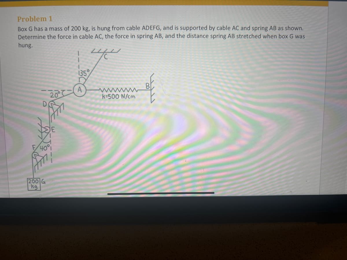 Problem 1
Box G has a mass of 200 kg, is hung from cable ADEFG, and is supported by cable AC and spring AB as shown.
Determine the force in cable AC, the force in spring AB, and the distance spring AB stretched when box G was
hung.
D
135°
20°C
A
40%
200 G
kg
wwwwwww
k=500 N/cm